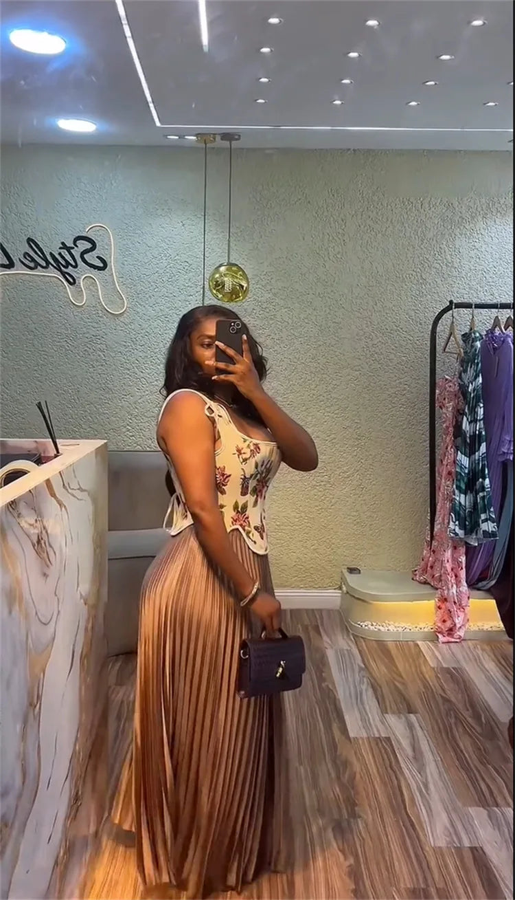 CM.YAYA ensemble femme imprimé fleuri taille cintrée gilet + jupes longues plissées costume 2025 fête soirée rue deux 2 pièces ensemble tenue