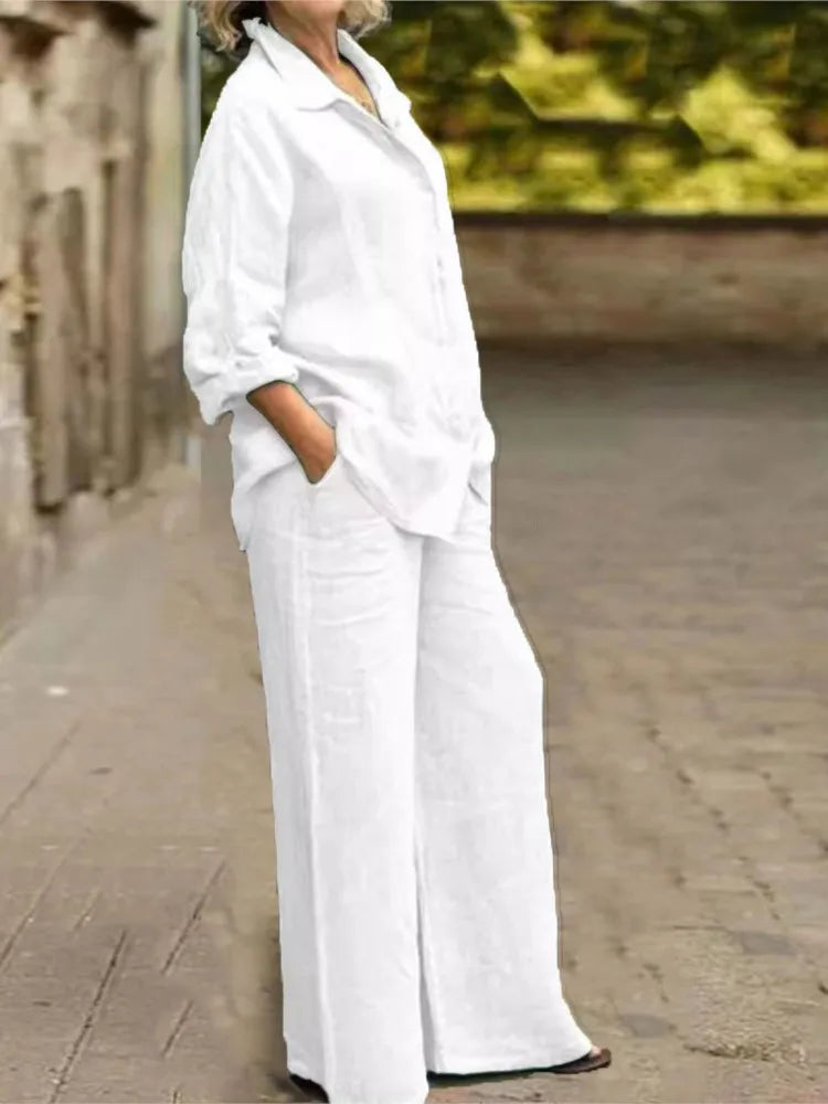 Ensemble 2 pièces en coton et lin pour femmes, chemise à manches longues, jambe large, mode féminine, bureau, printemps, automne