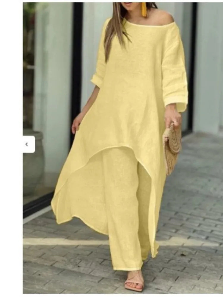BERAKAH SUPREME - Ensemble pantalon Long en coton et lin pour femmes, mode solide, décontracté, hauts irréguliers, jambes larges, costumes de bureau, ensemble deux pièces, vêtements
