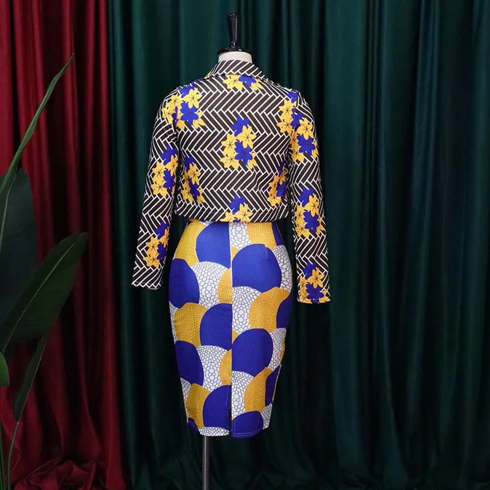 Costume deux pièces pour femmes Dashiki, manches longues, ensemble haut nombril exposé, jupe Midi imprimée, ensemble décontracté pour femmes
