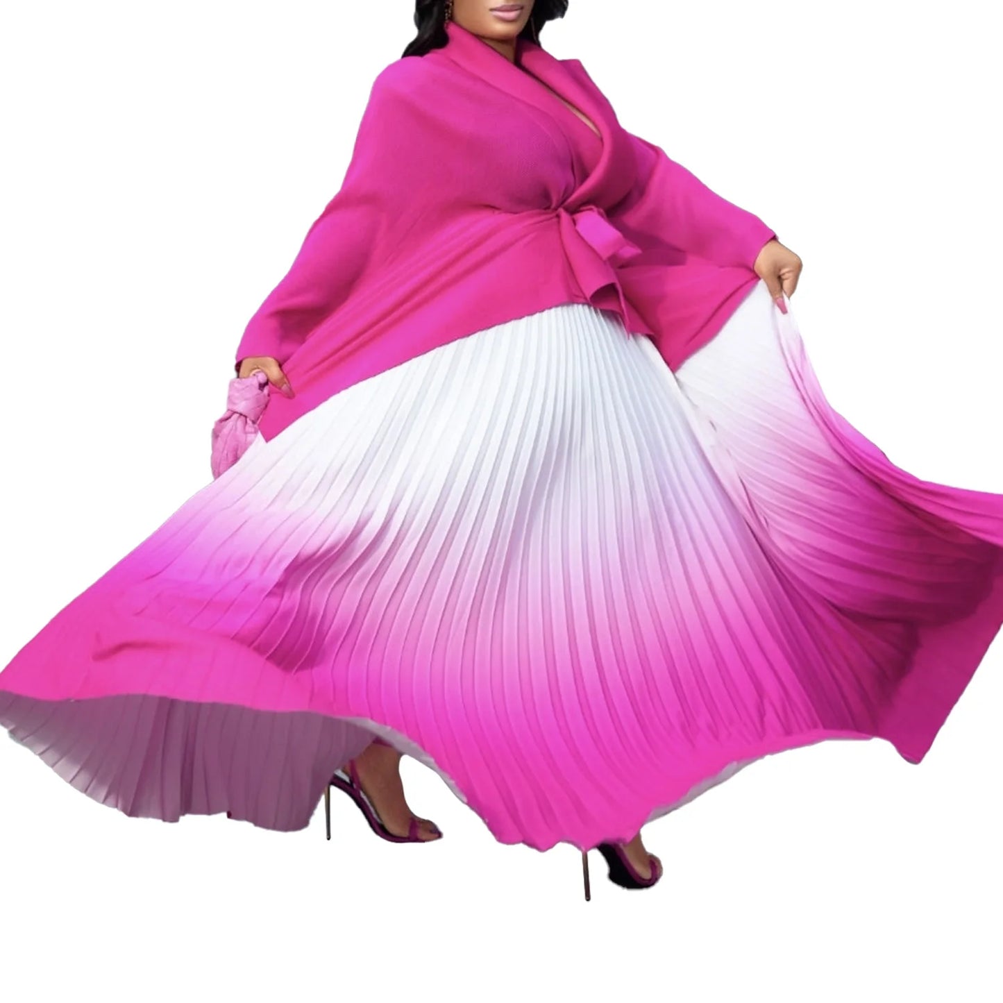 CM.YAYA – ensemble dégradé pour femmes, chemisier à manches longues avec ceinture, chemise et jupes longues plissées, costume de rue, ensemble deux pièces, survêtement