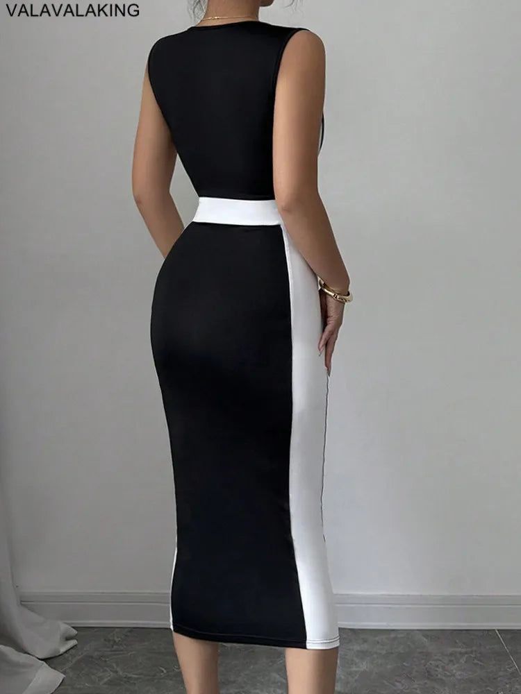 Dame Sexy solide Patchwork moulante longue robe femmes col carré sangle Club robe dame été soirée robe serrée Clubwear