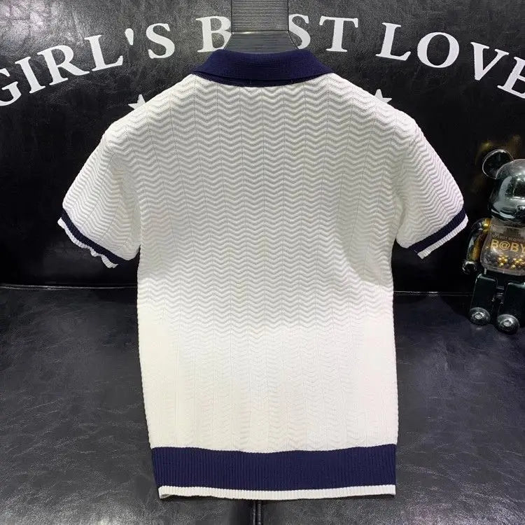 T-shirt à manches courtes en soie glacée pour hommes, pull tricoté à revers contrasté, tendance et personnalisé, décontracté, nouvelle collection été