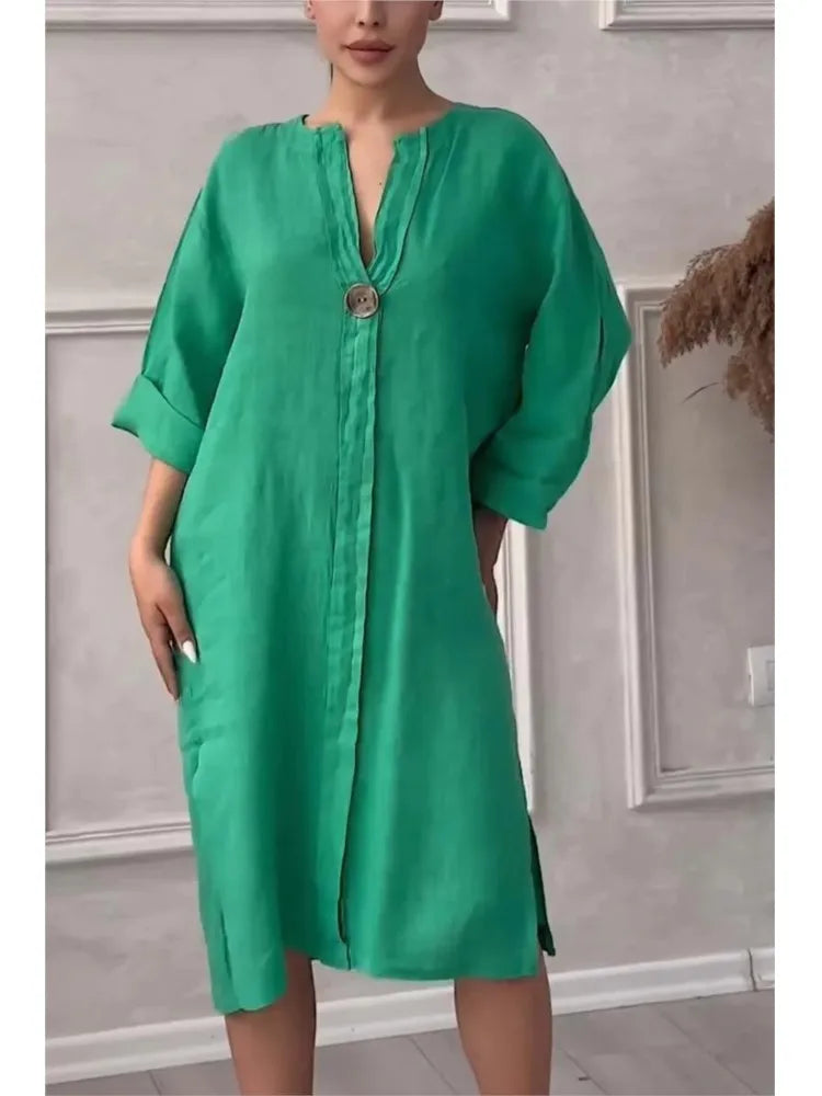 BS - Robe d'été élégante en coton et lin pour femmes, col rond, manches longues, boutons, couleur unie, ample, décontractée, fente latérale, Simple