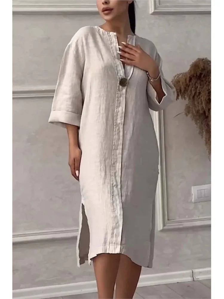 BS - Robe d'été élégante en coton et lin pour femmes, col rond, manches longues, boutons, couleur unie, ample, décontractée, fente latérale, Simple