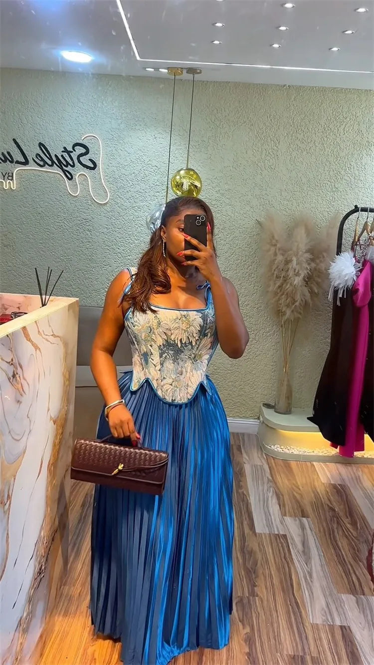 CM.YAYA ensemble femme imprimé fleuri taille cintrée gilet + jupes longues plissées costume 2025 fête soirée rue deux 2 pièces ensemble tenue