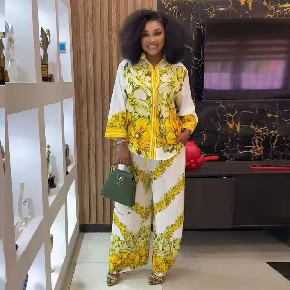 Chemise Vintage décontractée à imprimé Floral pour femmes, col rabattu, pantalon ample, chemisier, ensemble deux pièces, tenues de vacances printemps et été