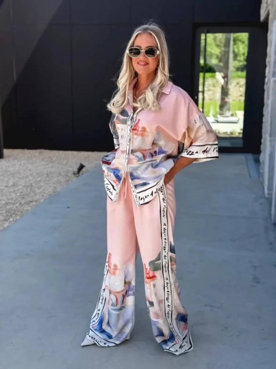 2 pièces ensemble pour femme été nouveau élégant imprimé demi manches chemise hauts costumes à la mode décontracté ample jambe large pantalons ensembles