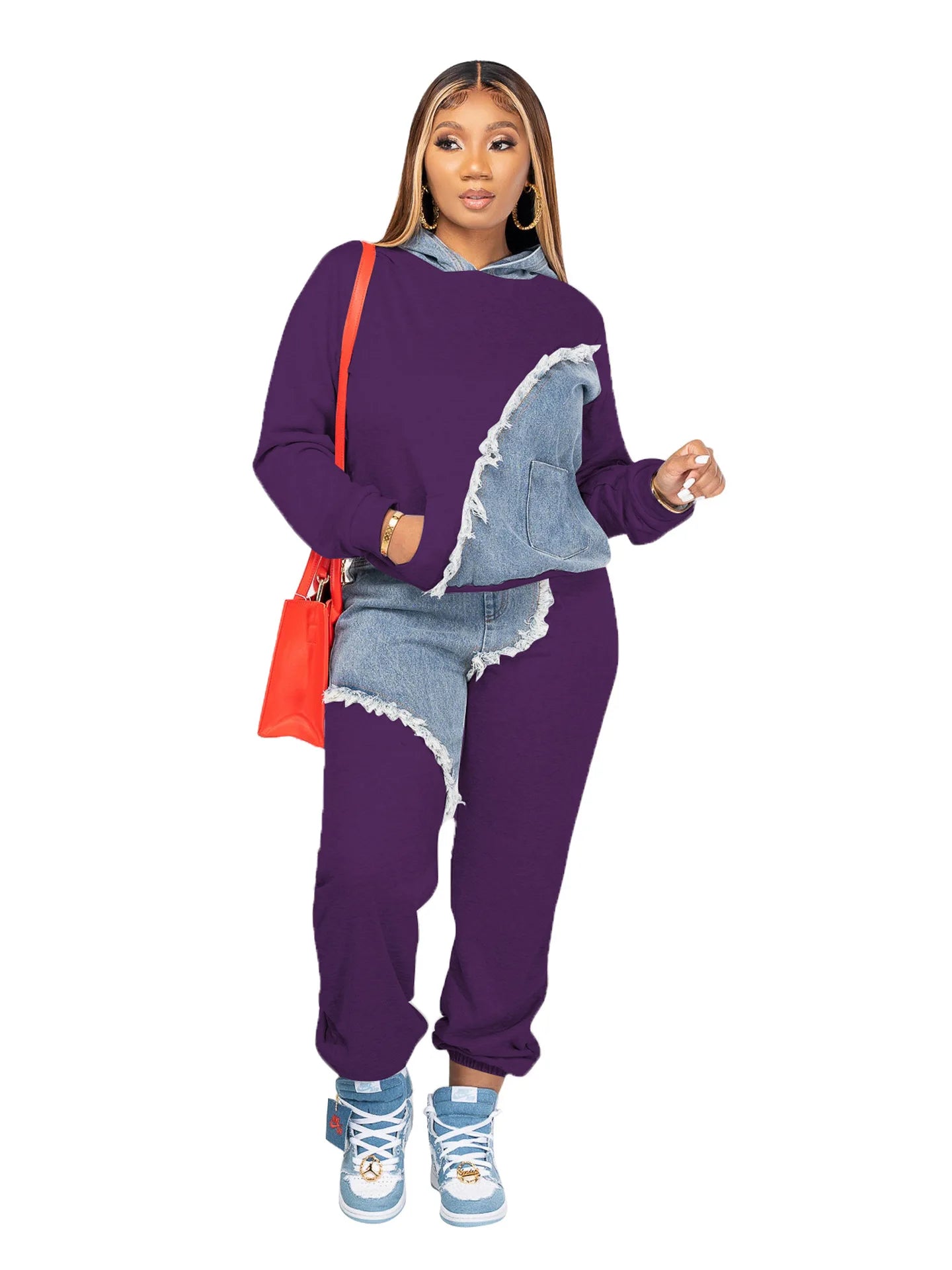 Femmes deux pièces ensembles survêtement automne jean épissage haut à capuche sweats poche survêtement pantalon costume ample femme bureau dame