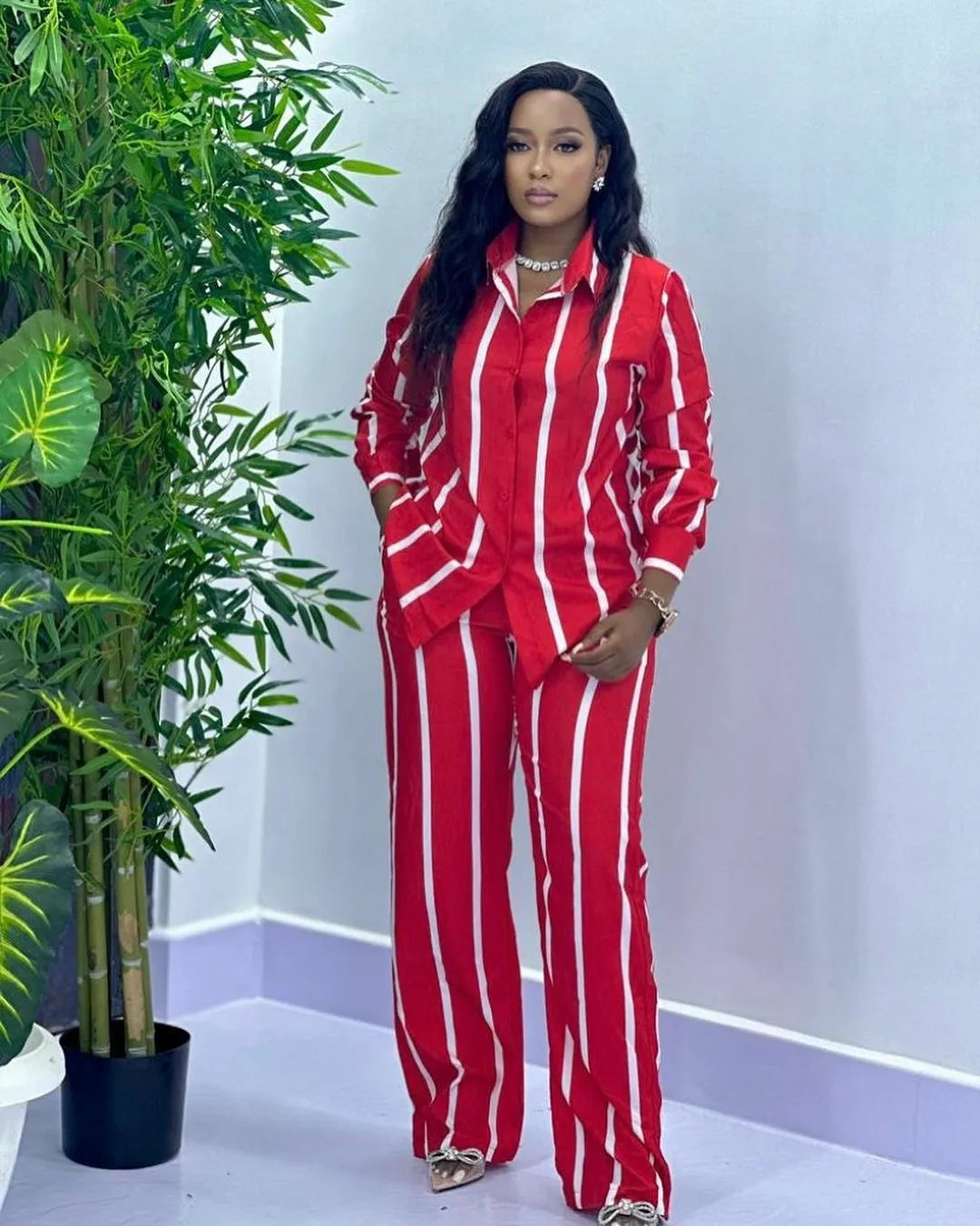Chemise à manches longues rayée imprimée pour femme, revers élégant, taille élastique, jambe large, pantalon, ensemble 2 pièces, mode automne, nouveau, 2024