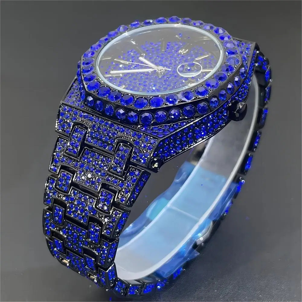 2024 Hip Hop hommes montres à quartz MISSFOX automatique Date glacé montre-bracelet mode bleu diamant bijoux montre pour homme livraison gratuite