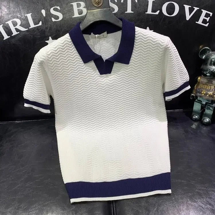 T-shirt à manches courtes en soie glacée pour hommes, pull tricoté à revers contrasté, tendance et personnalisé, décontracté, nouvelle collection été