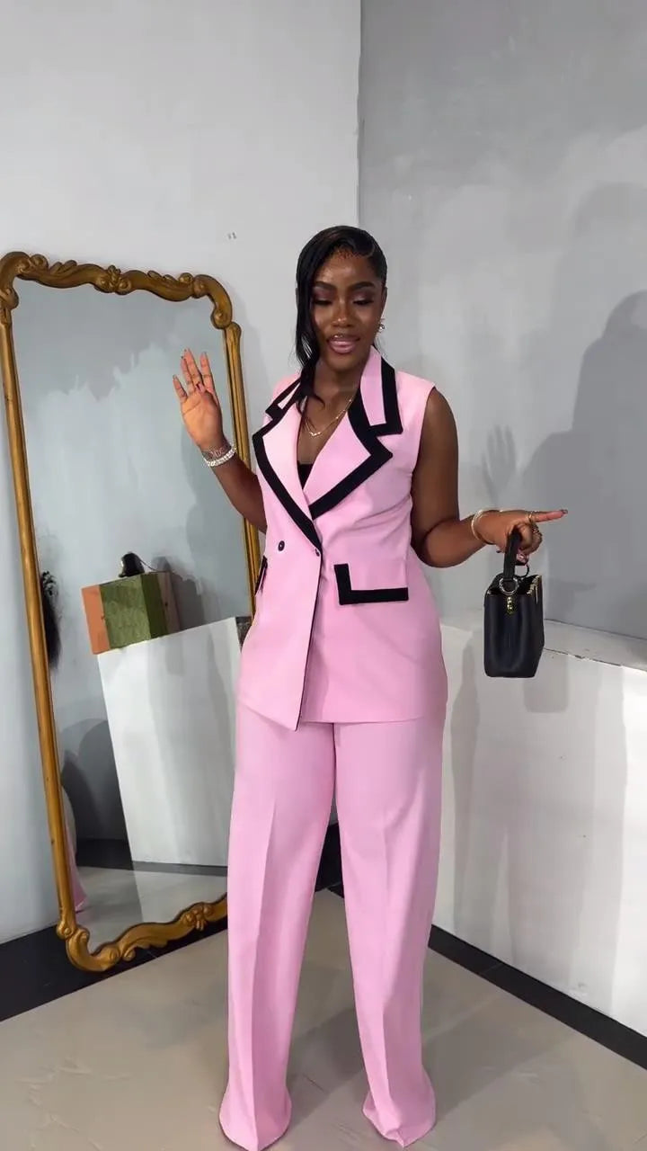 BS -  mode femmes ensemble rayé Patchwork sans manches débardeur Blazer haut et pantalon à jambes larges costume 2025 deux 2 pièces ensembles tenues