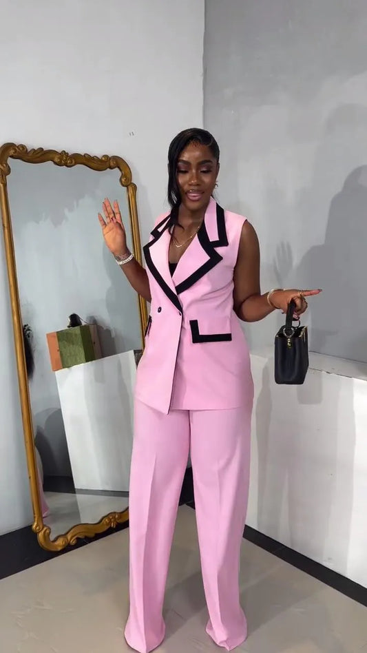 BS -  mode femmes ensemble rayé Patchwork sans manches débardeur Blazer haut et pantalon à jambes larges costume 2025 deux 2 pièces ensembles tenues