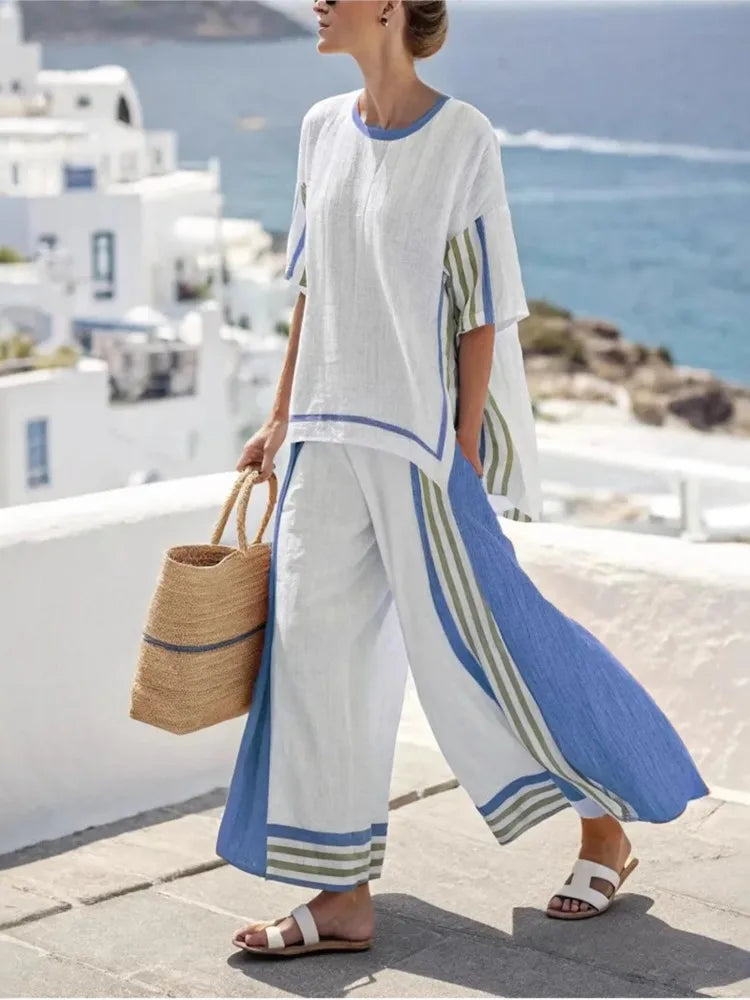 2025 nouvelle rayure femmes mode décontracté ensemble de 2 pièces été haut ample élégant solide bureau vacances pantalon costume femmes vêtements