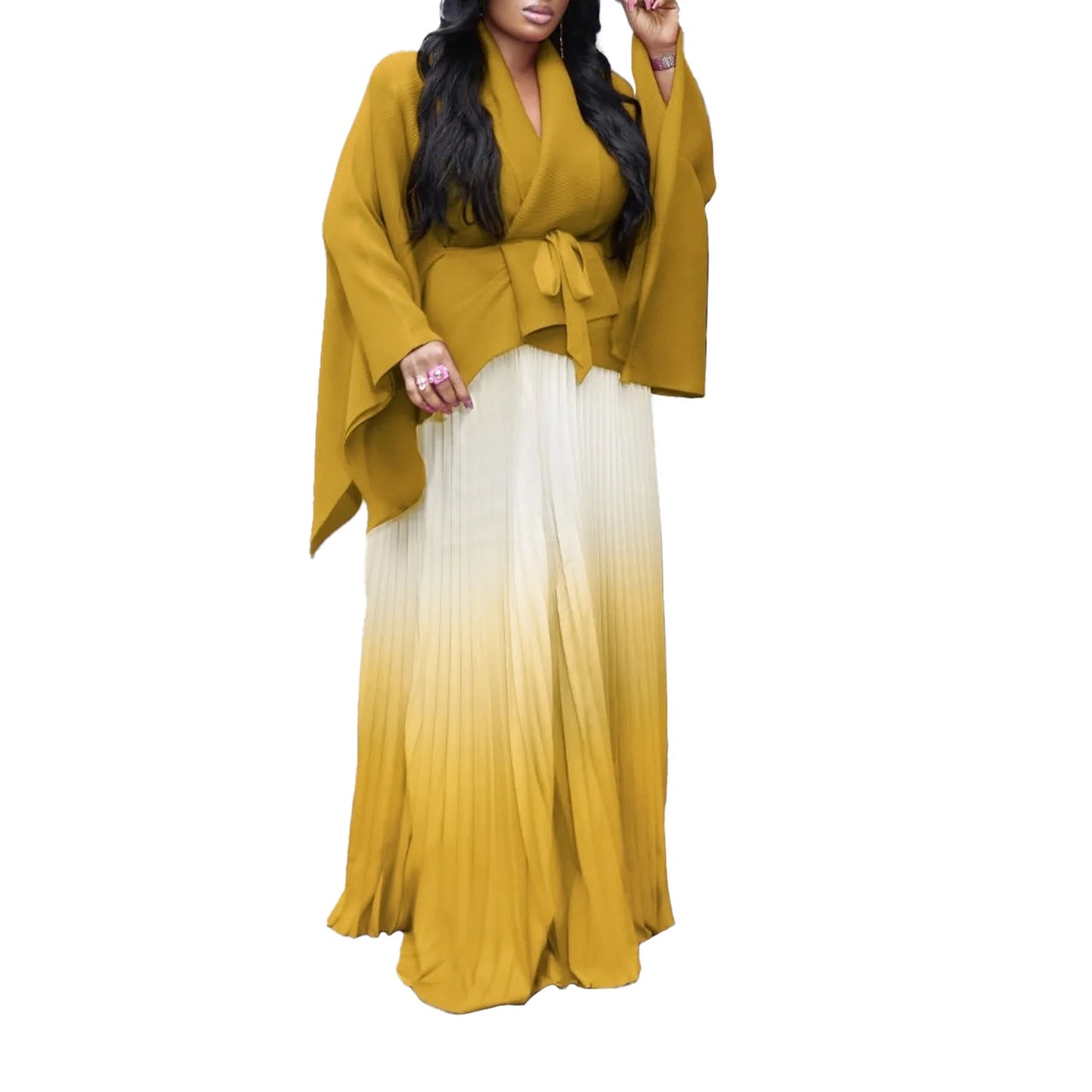 CM.YAYA – ensemble dégradé pour femmes, chemisier à manches longues avec ceinture, chemise et jupes longues plissées, costume de rue, ensemble deux pièces, survêtement