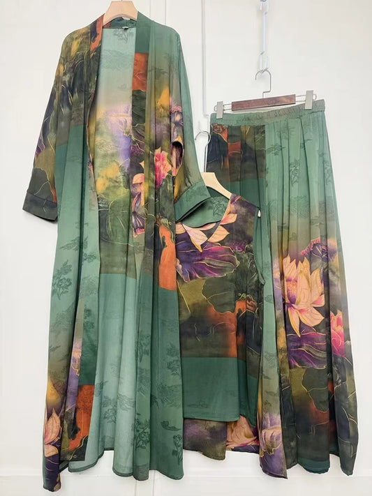 Cardigan long imprimé géométrique rétro, ensemble trois pièces, pull ample + jupe à jambes larges, costume à la mode pour femmes, été 2025