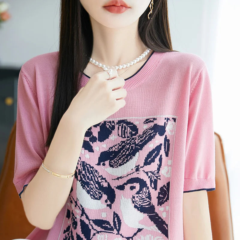 2025 été nouveau 100% Lyocell femmes à manches courtes décontracté col rond jacquard dessin animé T-shirt lâche hauts en tricot pull t-shirts cool