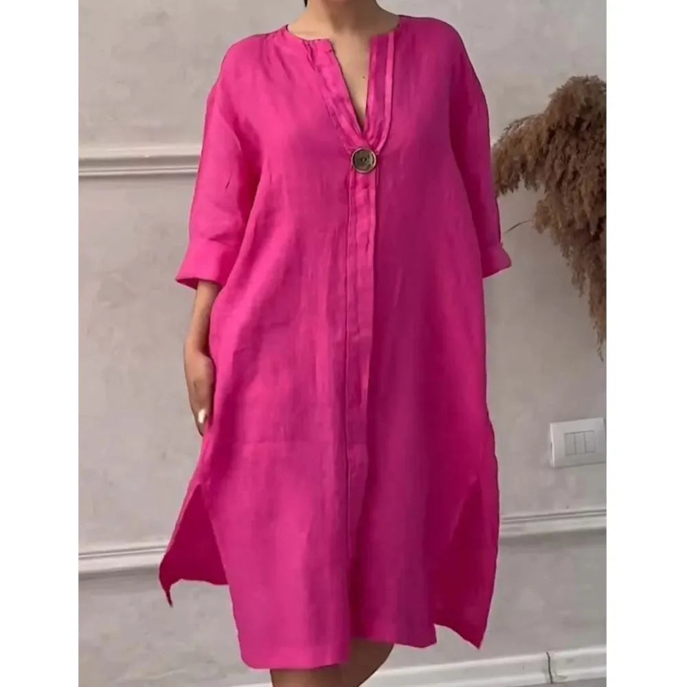 Robe pull décontractée à manches longues pour femmes, robe maxi boutonnée, col en V, fente latérale double, coton et lin, document solide, nouveau, 2024