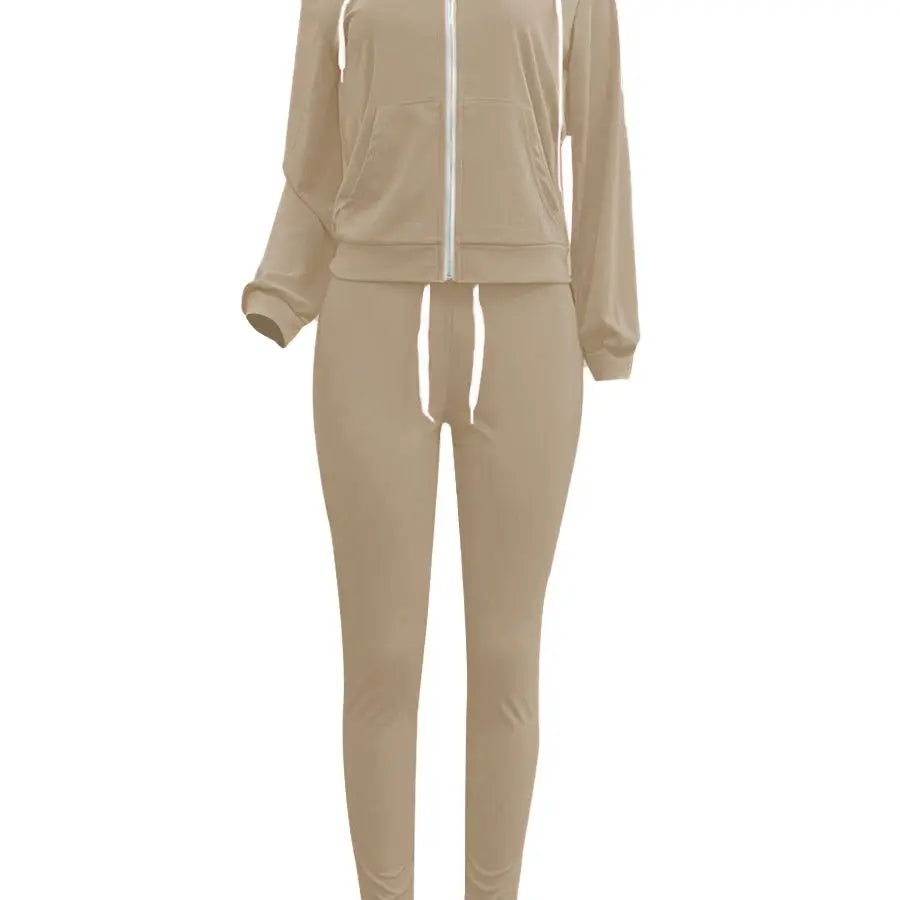 LW-Ensemble de survêtement à manches longues et cordon de serrage pour femme, poche kangourou décontractée, sweat à capuche et cordon de serrage, fjSpring, 2 pièces assorties