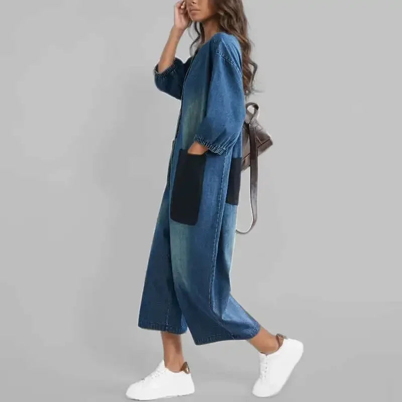 Combinaisons en Denim avec poches Patchwork pour femmes, nouveaux articles, col rond, simple boutonnage, pantalon élastique à manches courtes