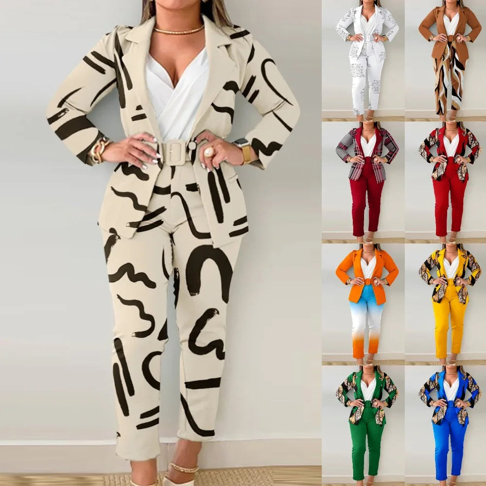 Ensemble de travail deux pièces avec ceinture pour femme, blazer à col à revers, manteau cardigan, pantalon, lettre imprimée, mode, bureau imbibé, automne, hiver