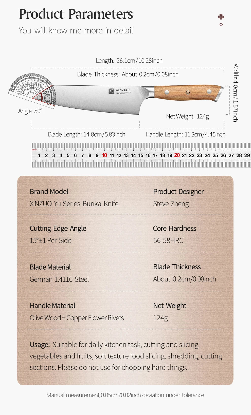 XINZUO 5,83 pouces Bunka couteau de chef allemand DIN 1.4116 acier 56 ± 2 HRC 15 ° Rivets en cuivre avec manche en bois d'olivier à 1 bords avec boîte cadeau