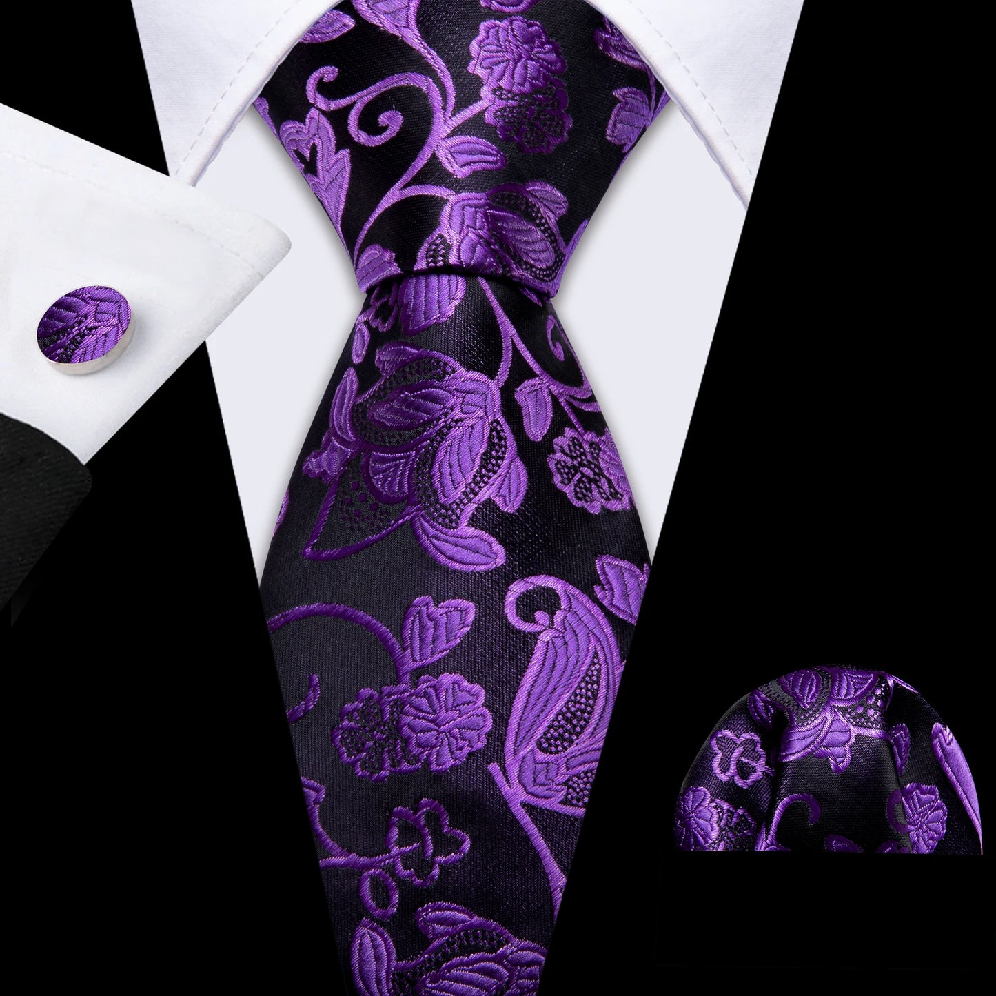 Barry.Wang violet lilas lavande soie hommes cravate mouchoir bouton de manchette ensemble Jacquard cravate florale pour homme mariage fête d'affaires