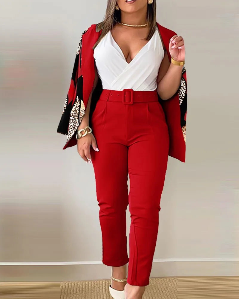 Ensemble de travail deux pièces avec ceinture pour femme, blazer à col à revers, manteau cardigan, pantalon, lettre imprimée, mode, bureau imbibé, automne, hiver