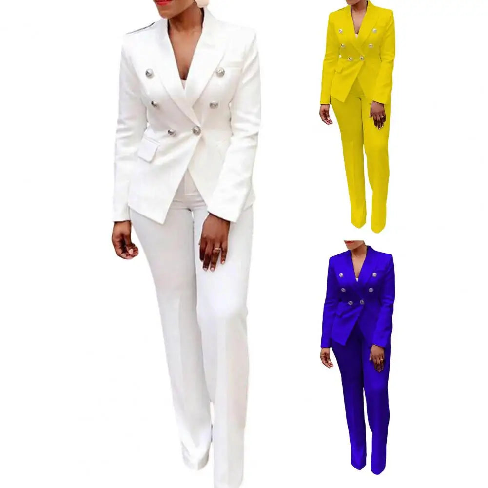 2 pièces ensemble formel femmes pantalon ensemble bureau dame Double boutonnage tenue de travail femmes costume manteau pantalon ensemble jaune