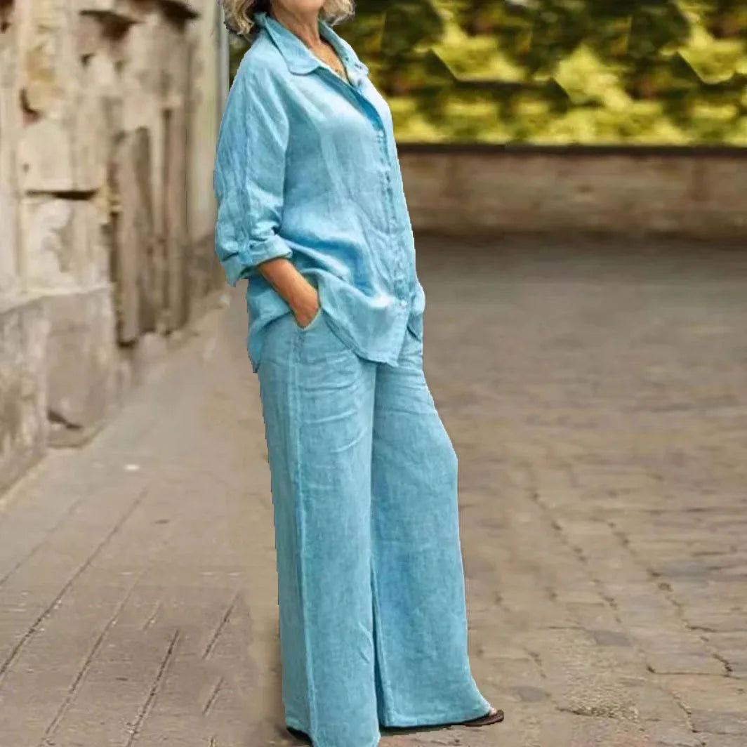 Ensemble 2 pièces en coton et lin pour femmes, chemise à manches longues, jambe large, mode féminine, bureau, printemps, automne