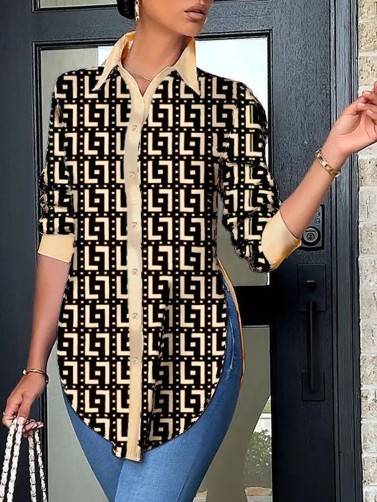 BERAKAH SUPRÊME - Haut décontracté à manches longues pour femmes, chemise imprimée à col au dos, élégante et à la mode, bureau, printemps et automne, 2025