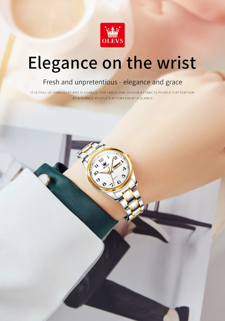 OLEVS montre à Quartz de luxe pour femmes montre élégante en acier inoxydable lumineux étanche semaine Date montre-bracelet dames robe montre