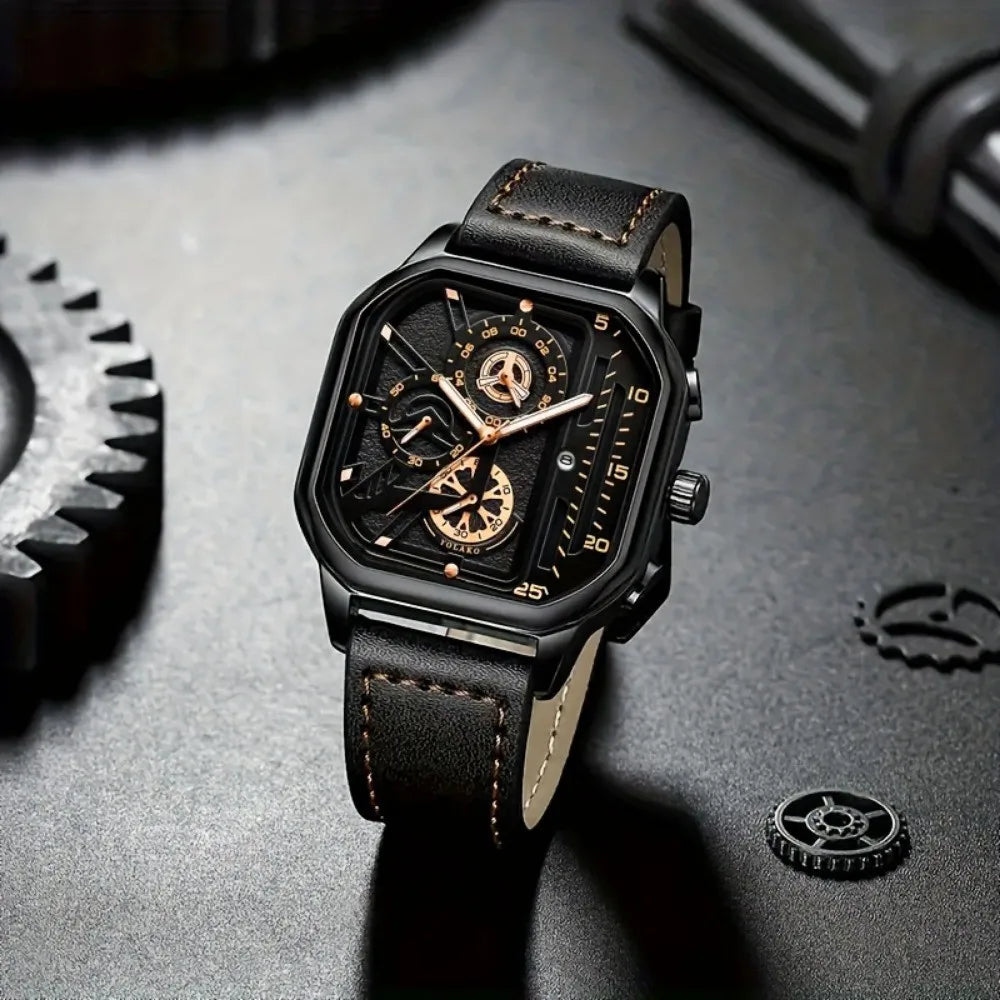 Montre carrée de luxe à grand cadran pour hommes, bracelet en cuir PU décontracté, montres de sport pour hommes