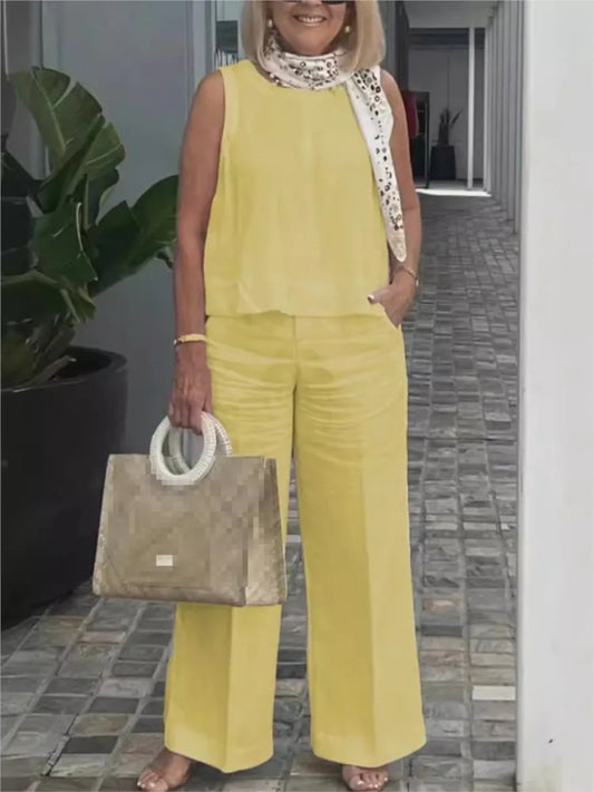 Costumes simples en coton et lin pour femmes, mode d'été, chemisier ample sans manches, pantalon à jambes larges, ensemble deux pièces pour femmes, tenues décontractées