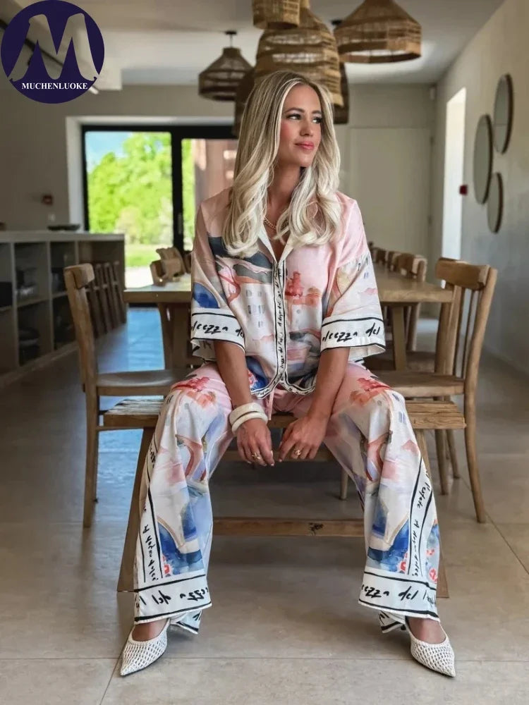 2 pièces ensemble pour femme été nouveau élégant imprimé demi manches chemise hauts costumes à la mode décontracté ample jambe large pantalons ensembles