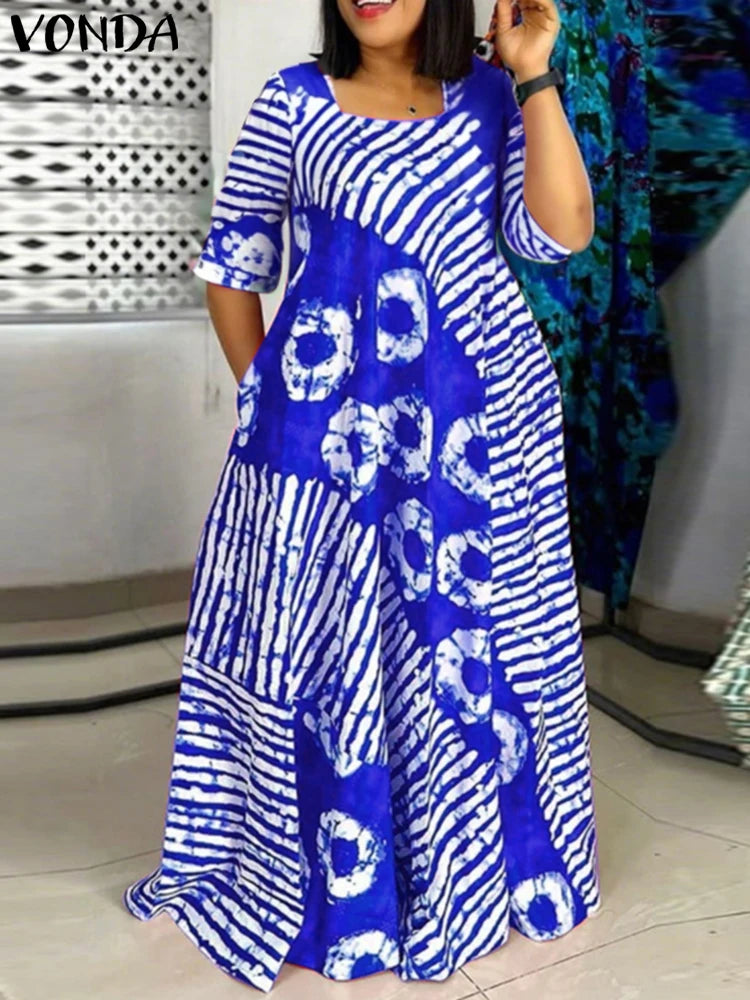 Grande taille femmes bohème Maxi Robe 2025 été imprimé longue Robe d'été VONDA plage fête robes demi manches décontracté Robe ample
