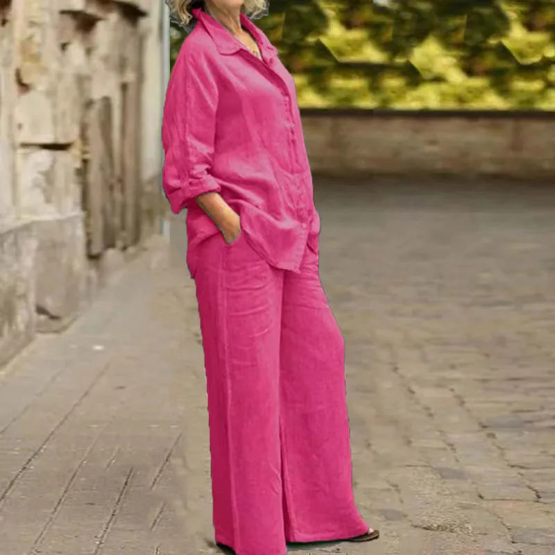 Ensemble 2 pièces en coton et lin pour femmes, chemise à manches longues, jambe large, mode féminine, bureau, printemps, automne