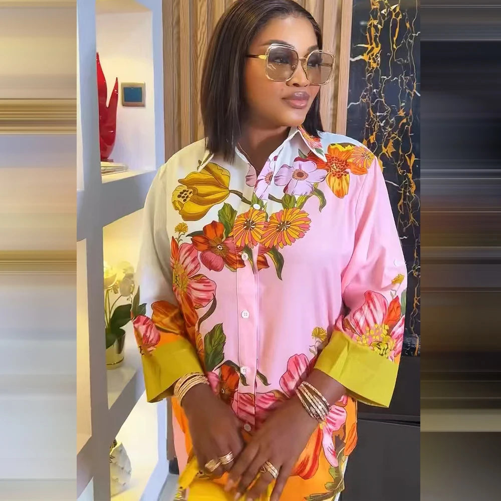 Chemise Vintage décontractée à imprimé Floral pour femmes, col rabattu, pantalon ample, chemisier, ensemble deux pièces, tenues de vacances printemps et été