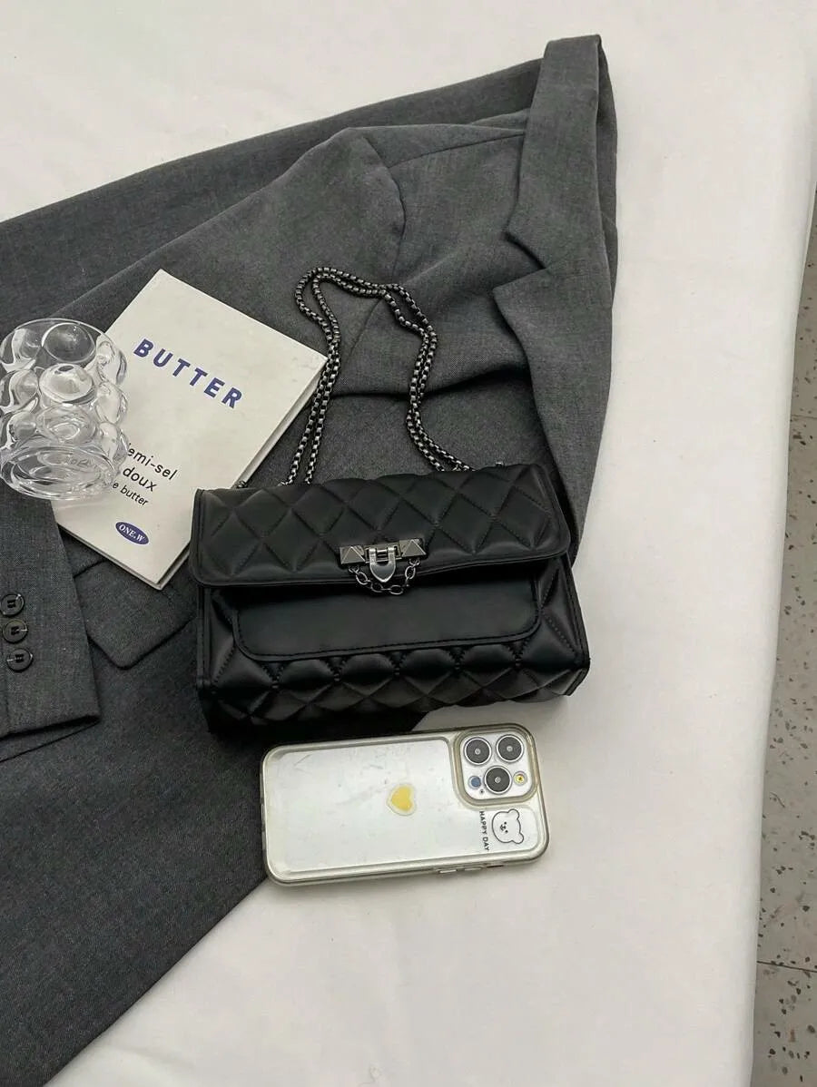 1 sac à bandoulière simple et élégant en grille de diamant, sac à bandoulière avec chaîne en métal, adapté à un usage quotidien de loisirs pour femmes-A-DH