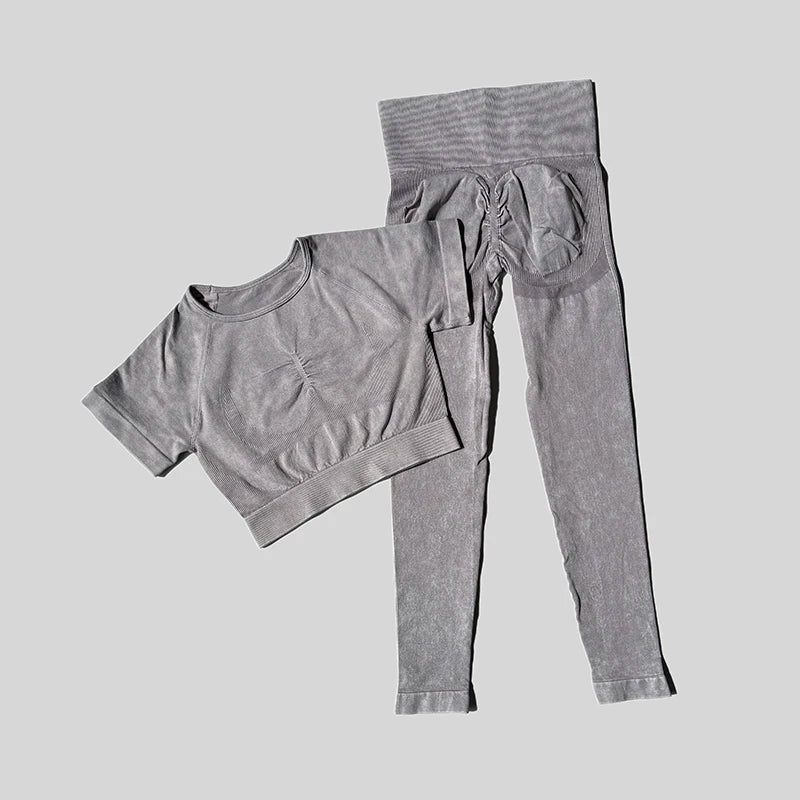 Ensemble de sport de lavage pour femmes, combinaison sans couture, haut de Fitness à manches courtes avec froissés sur les fesses, Leggings d'entraînement, vêtements de gymnastique