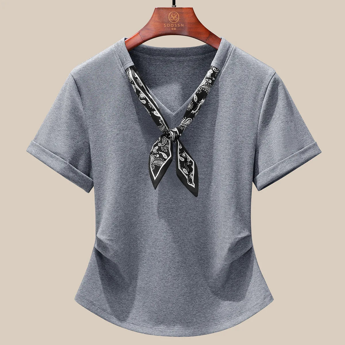 T-Shirt à manches courtes et col en V pour femme, écharpe structurée, épaules froncées, cravate à la taille, amincissante, nouvelle collection 2025