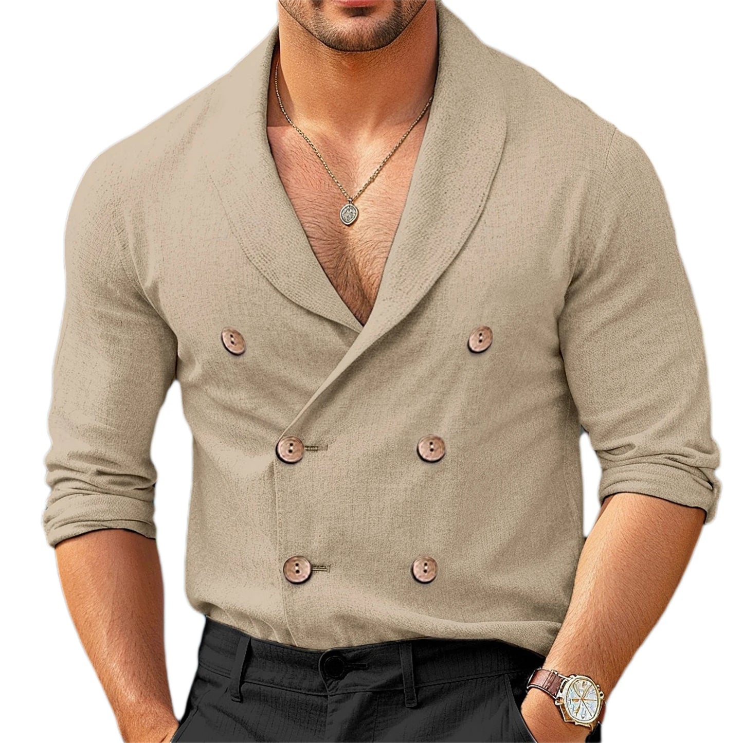 Chemises à col en V pour hommes, manches longues, double boutonnage, coupe couvertes, solide, document décontracté, mode confortable, automne