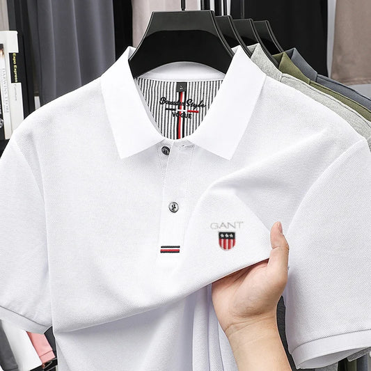 Polo d'été brodé de haute qualité pour hommes, chemise à manches courtes en pur coton respirant et décontracté pour affaires