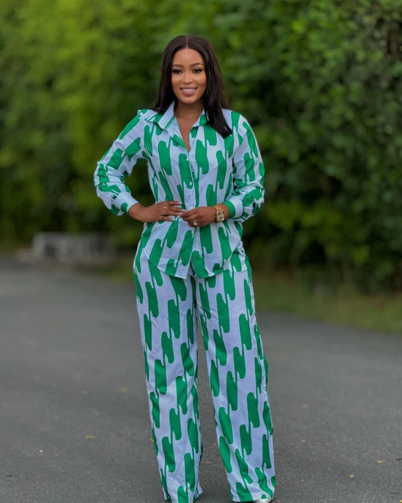 Ensemble deux pièces imprimé à rayures pour femmes, mode africaine, décontracté, boutons, manches longues, chemise, jambes larges, pantalon, printemps automne