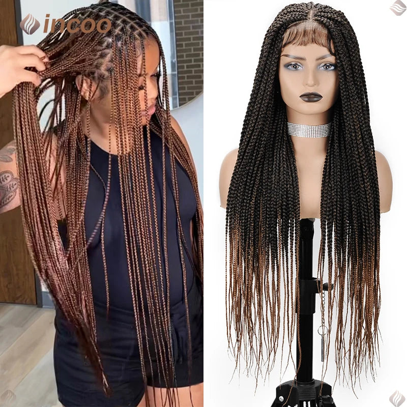 Perruques tressées synthétiques pour femmes noires perruque pleine dentelle tresse africaine sans noeud boîte tresses cheveux avant de lacet perruques pas cher Cornrow tresses