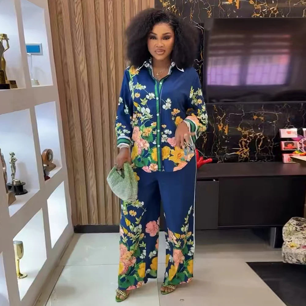 Chemise Vintage décontractée à imprimé Floral pour femmes, col rabattu, pantalon ample, chemisier, ensemble deux pièces, tenues de vacances printemps et été