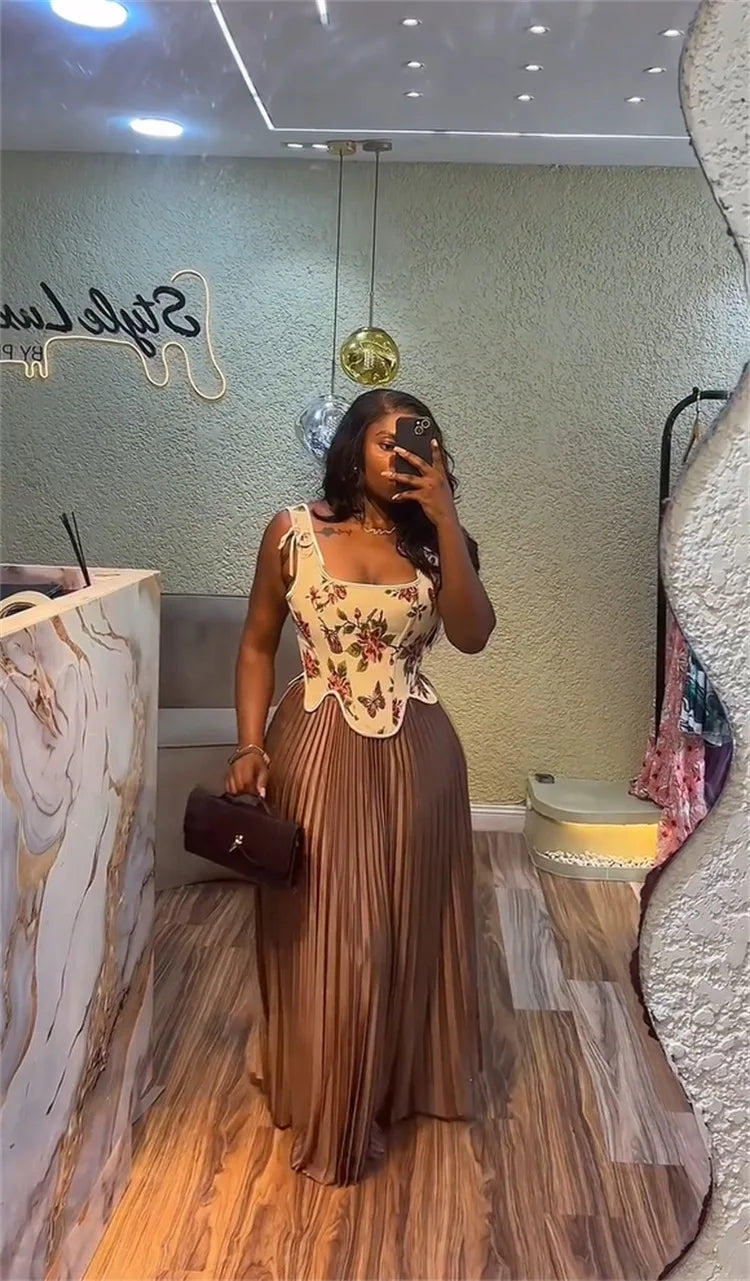 CM.YAYA ensemble femme imprimé fleuri taille cintrée gilet + jupes longues plissées costume 2025 fête soirée rue deux 2 pièces ensemble tenue