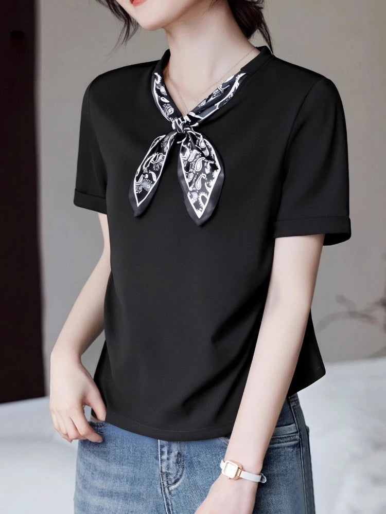 T-Shirt à manches courtes et col en V pour femme, écharpe structurée, épaules froncées, cravate à la taille, amincissante, nouvelle collection 2025