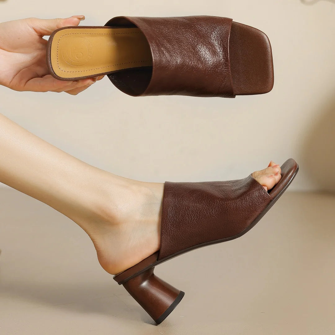 Sandales d'été en peau de mouton souple pour femmes, diapositives ald-on, talon rond de 6cm, élégantes, dames, grande taille 34-41, escarpins habnommée quotidiens minces, chaussures